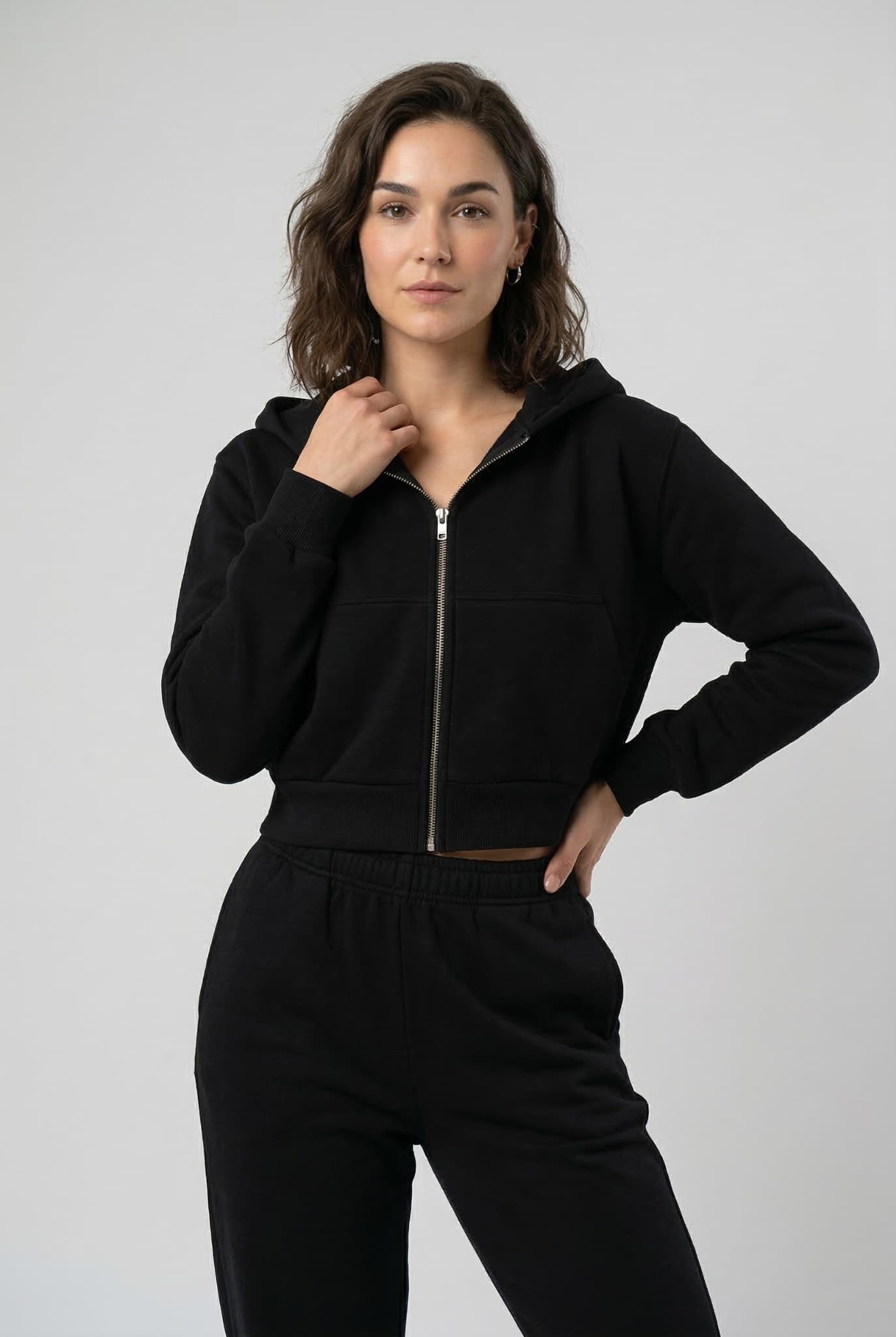 Basic Crop Fermuarlı Kapüşonlu Sweatshirt - alternate view